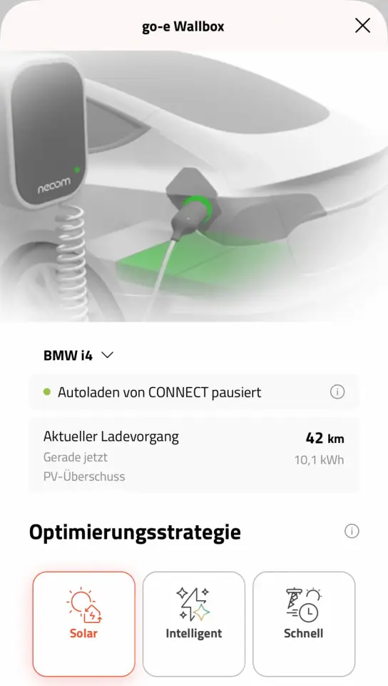go-e Wallbox App mit BMW i4 und aktivem PV-Überschussladen über Solarstrom
