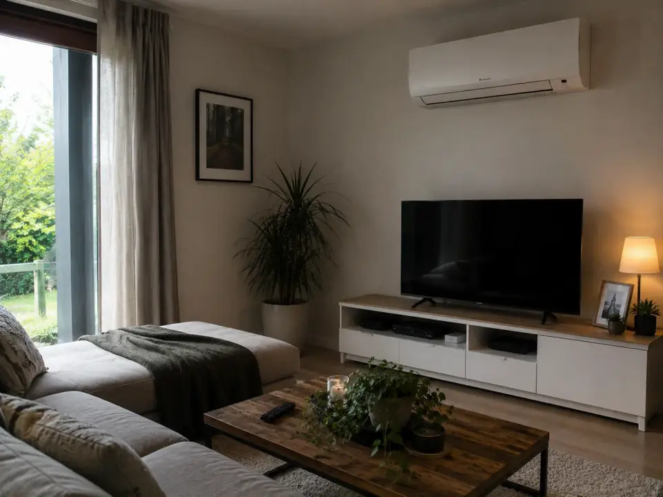Innengerät einer Split-Klimaanlage in einem klimatisierten Wohnraum eines Einfamilienhauses