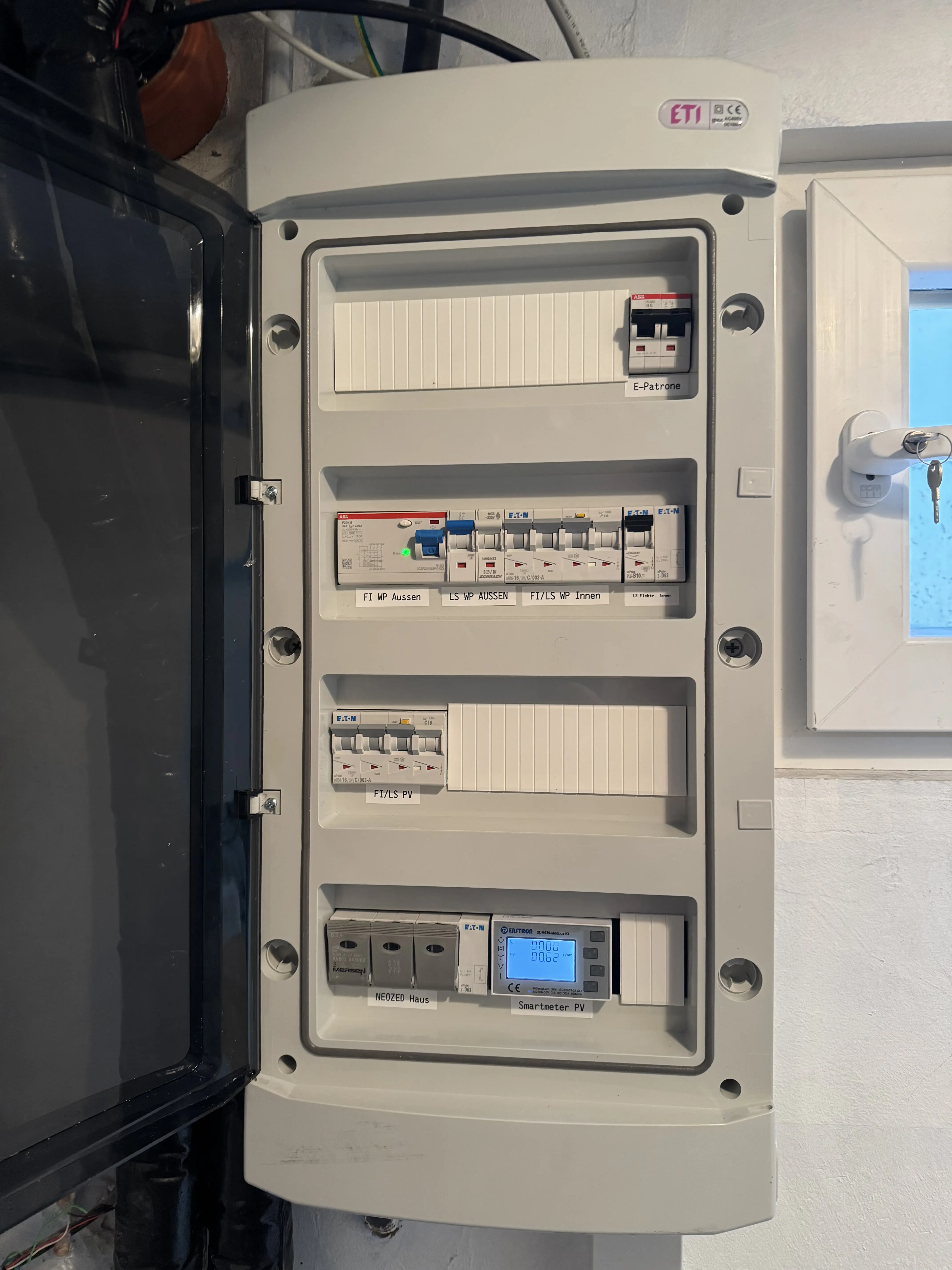 Sauber vorbereiteter Elektroverteiler mit FI-Schutzschaltern, PV-Absicherung, Wärmepumpenkreisen, Überspannungsschutz und Smart Meter